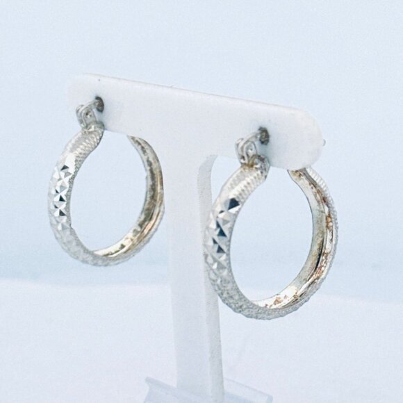 Vintage Estate Sterling Silver 925 Diamond-Cut Textured Hoop Earrings 3.41g - Picture 7 of 12